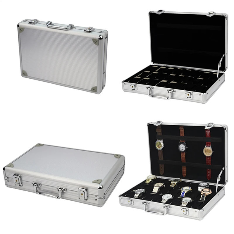 Useful aluminum alloy watch box with 12 grid slots jewelry display storage square case back rectangular stand 240812