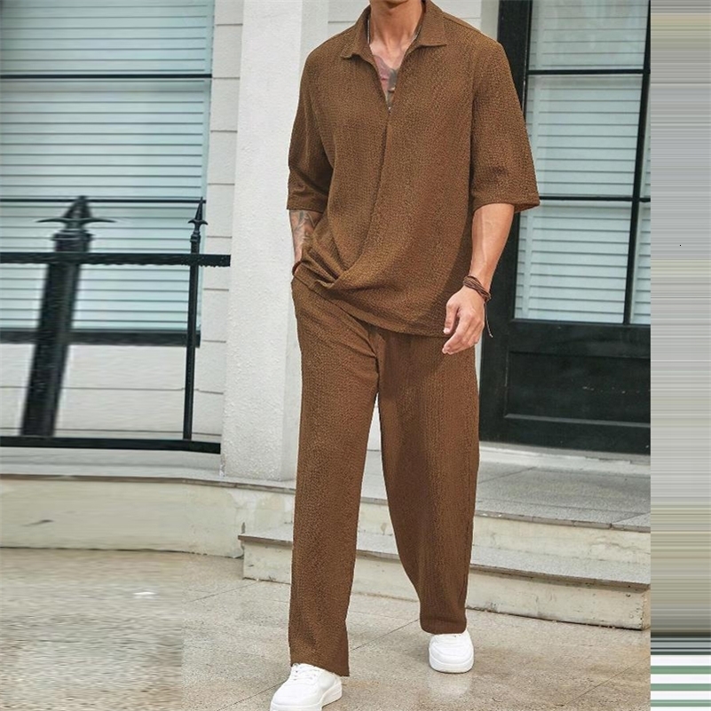 2024 Spring Summer Casual Cotton Shirts And Pants Suits Men Vintage Half Sleeve Irregular Cardigan Two Piece Sets Mens Outfits 240819