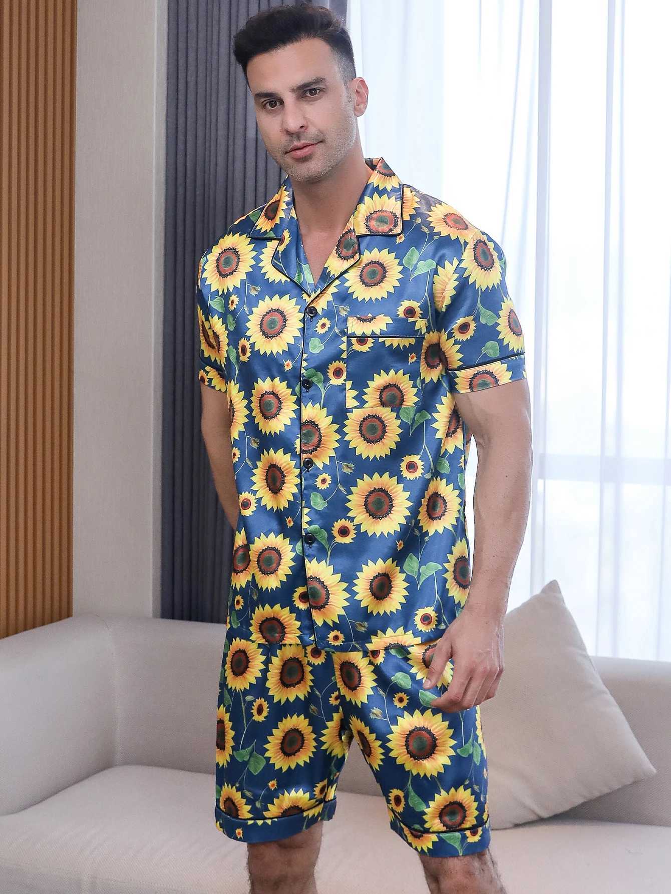Mens two-piece summer short sleeved pajamas with sunflower pattern printed home clothing pajamas setW240719