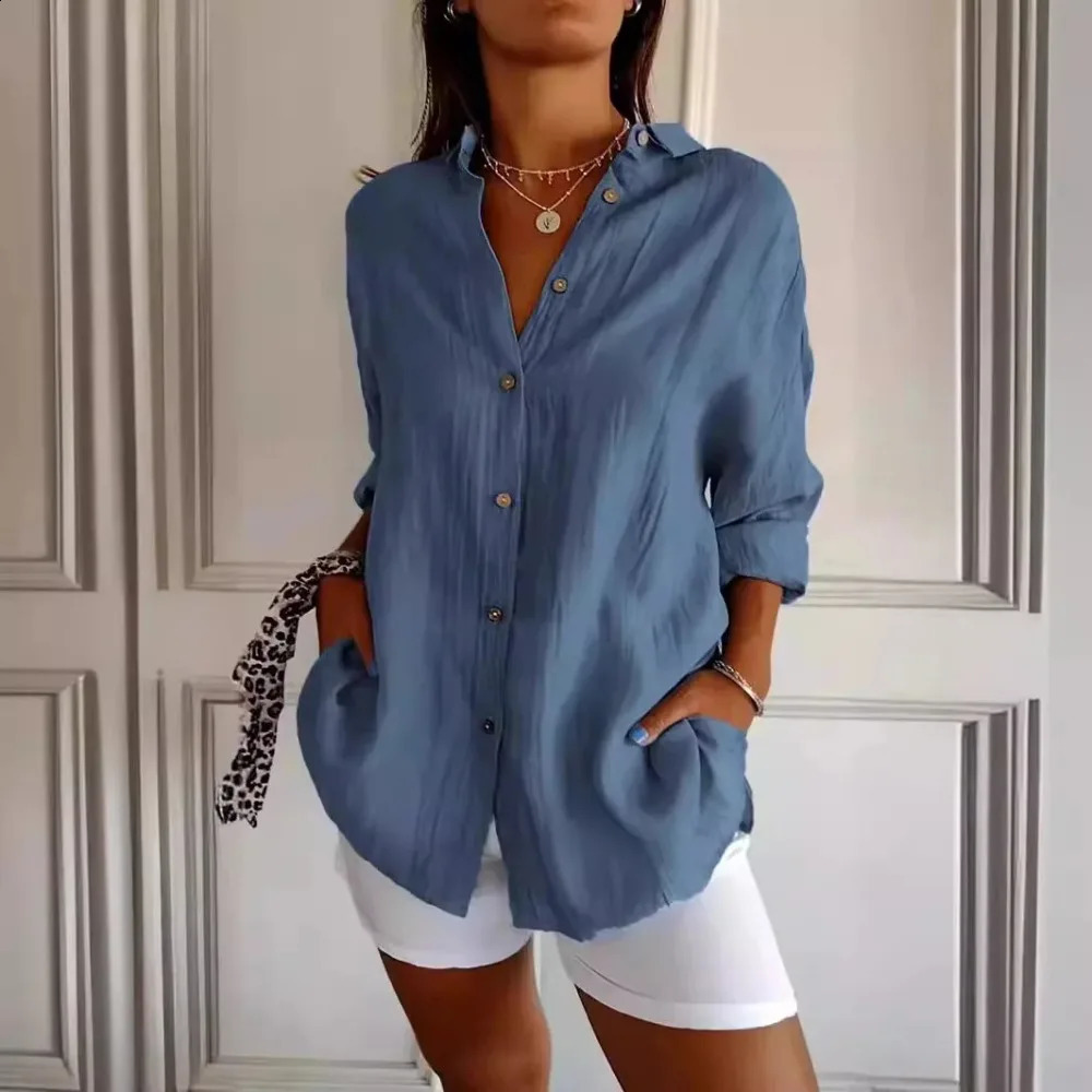 Summer Vneck casual cotton linen button womens fashionable loose solid collar office shirt top retro 240814
