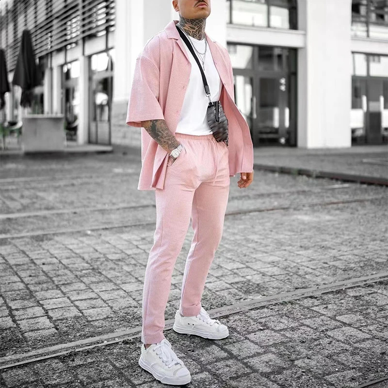 Summer Mens Hip Hop Outfits Short Sleeve Lapel Cardigans And Solid Color Pants Two Piece Suits Men Streetwear Fashion Pink Sets 240819