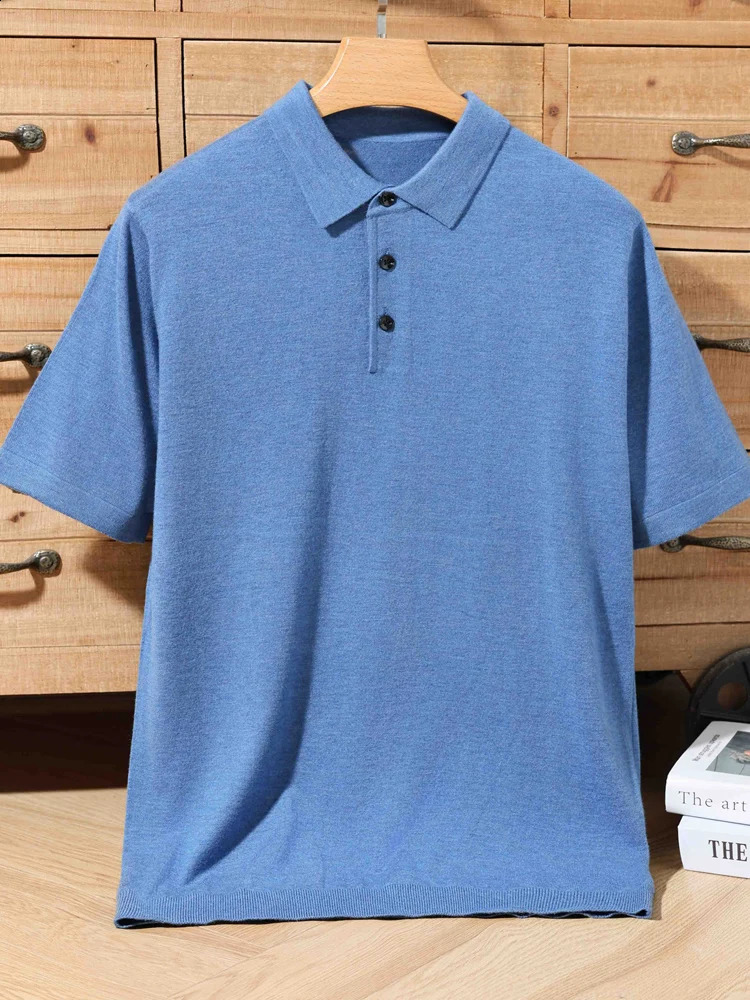 Spring Summer Mens Polo T-shirt Thin Soft Smart Casual Short Sleeve Pullover Sweater 30% Merino Wool Knitwear Korean Fashion 240820