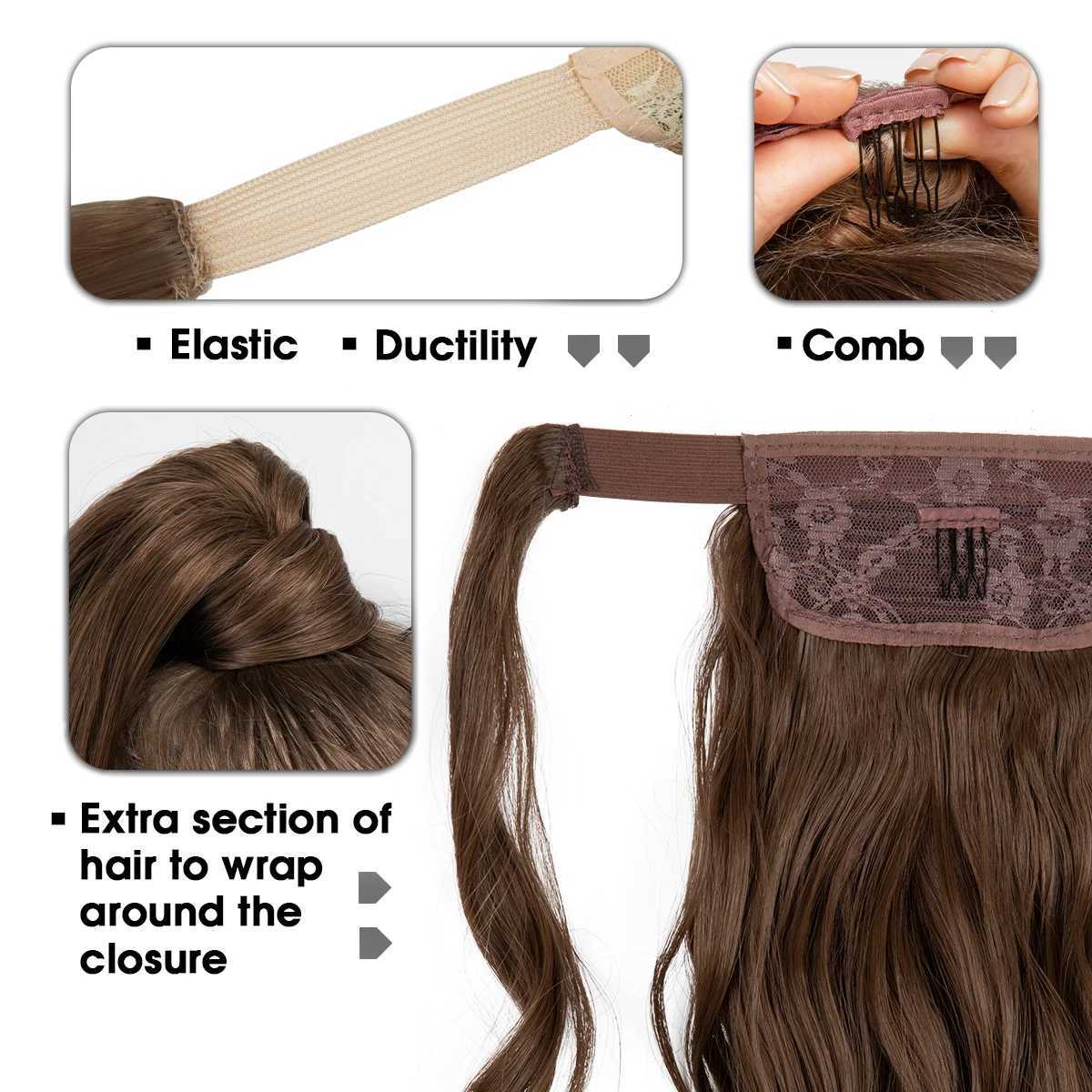 Synthetic long wavy ponytail with Dali hair extended and curled clipped onto a fake wig wrapped in black around the braid smooth fake tail W240817