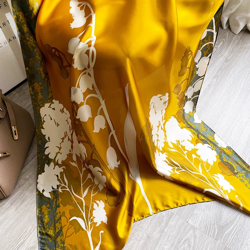 Elegant long headband with yellow floral silk scarf womens shawl wrapped in basic headscarf Bufanda womens beach stone scarf 240805