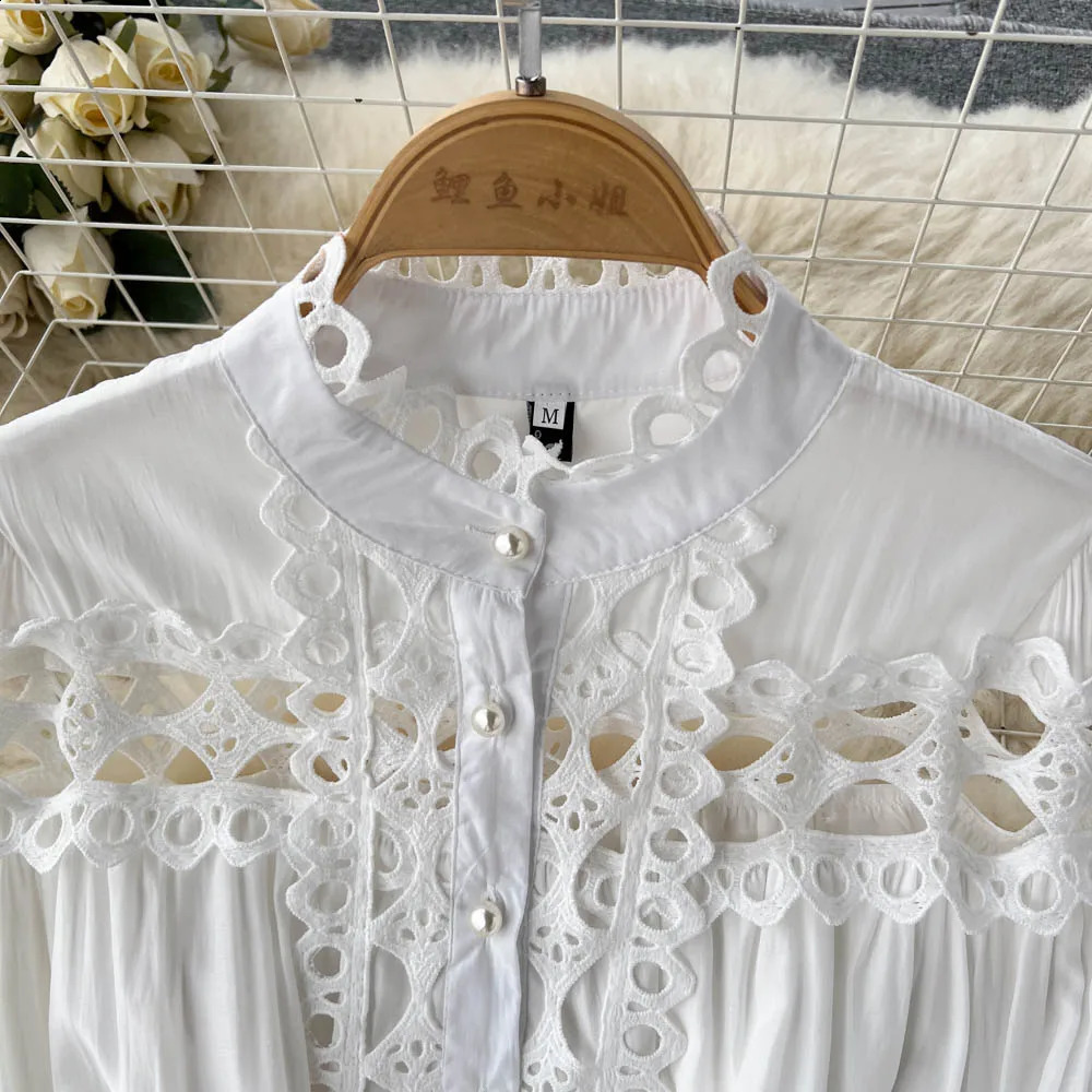 Vintage Folds Lace Hollow Out Lantern Sleeves Long Sleeves Single Breasted Dress Casual Women A-line Fashion Autumn Dress