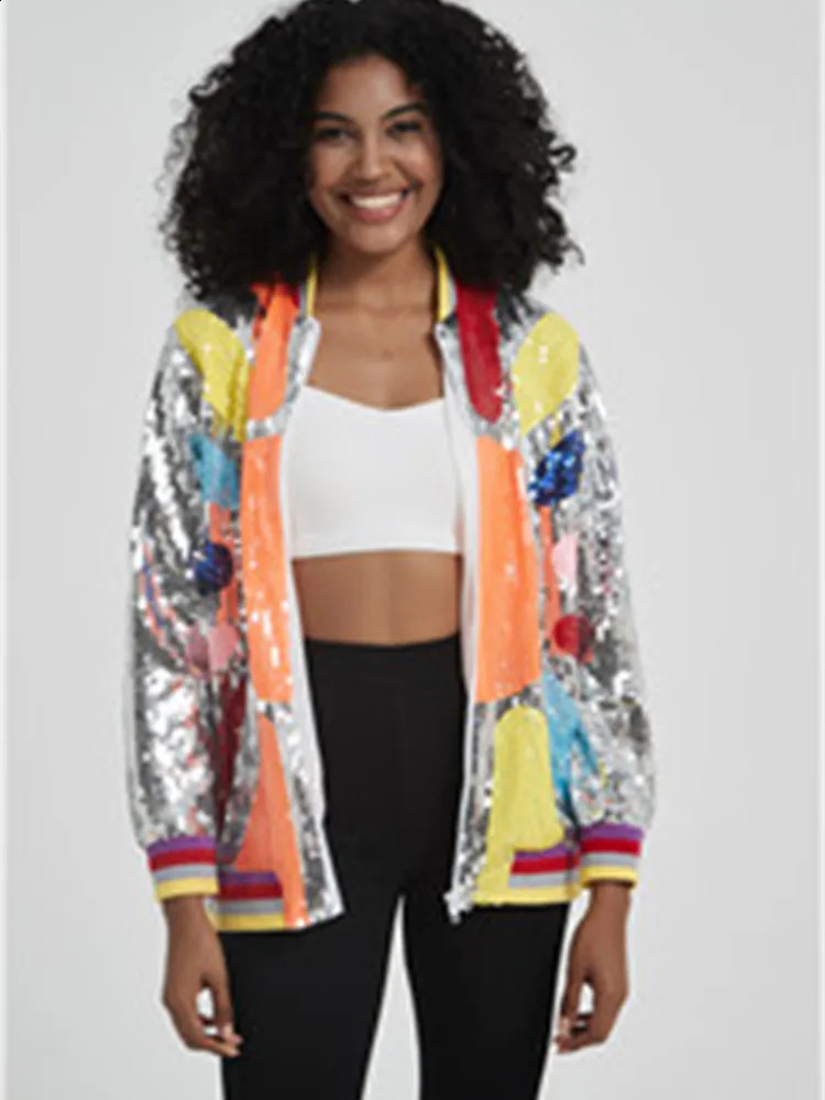 Sequins Coats For Women, Color Patchwork Streetwear Jackets