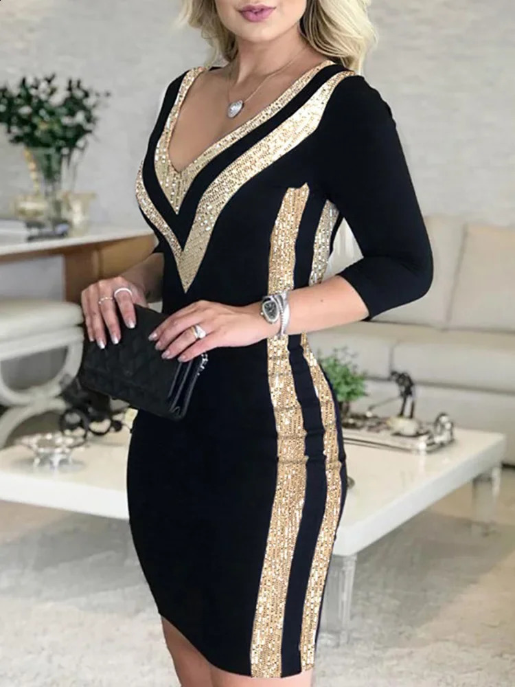 Contrast Color Striped Tape Bodycon Dress Women Sexy V Neck Long Sleeve Party Dress 240823