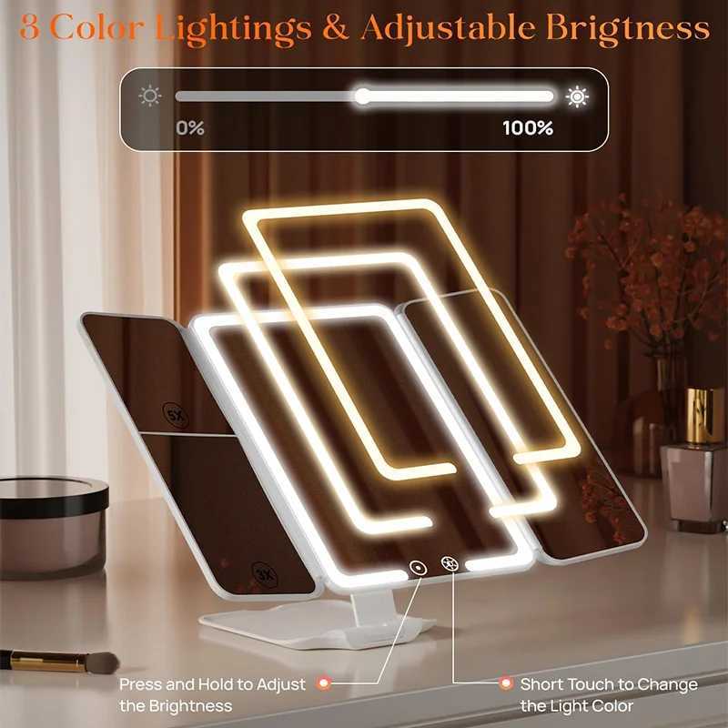 Amplifying triple stack makeup mirror three color intelligent touch light standing desk Led makeup mirror Y240819