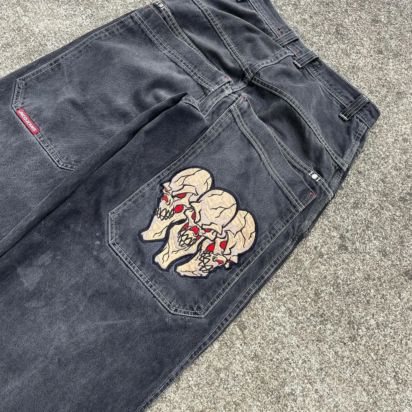 JNCO Skull Embroidery Denim Pants Vintage Graphic Print Baggy Jeans High Waist Pant For Men Wide Leg Trouser Y2k Streetwear 240819