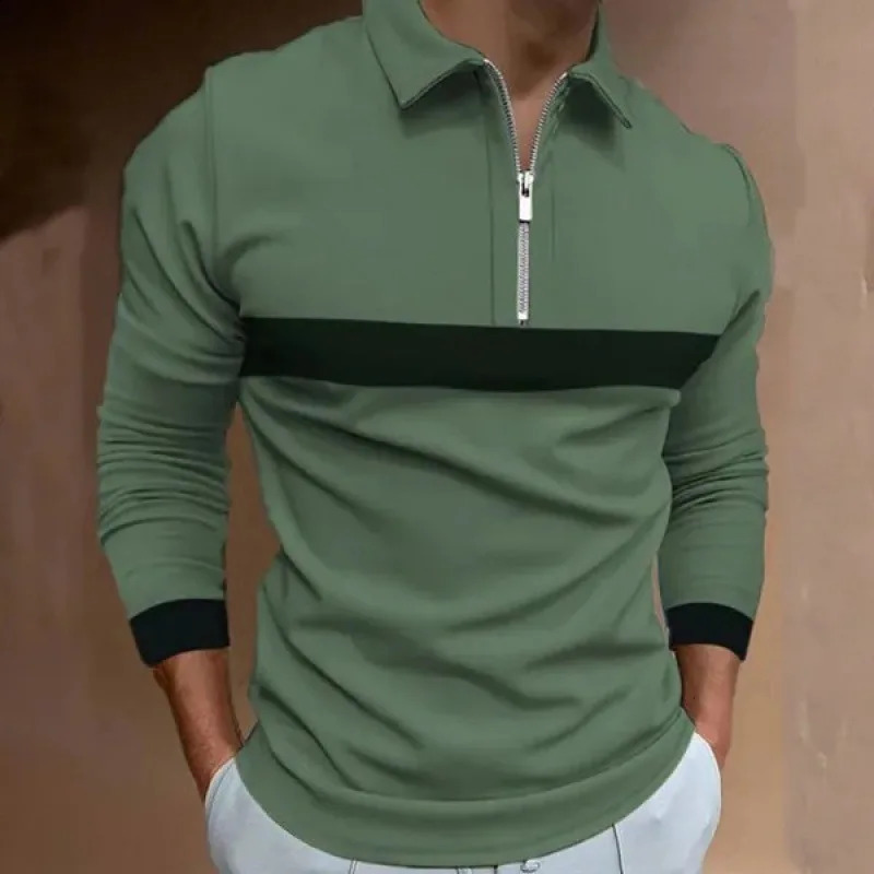 Mens Casual 3D Digital Printed Zipper Polo Shirt Fashion Solid Color Plus Size Series Lapel Long Sleeve 240820