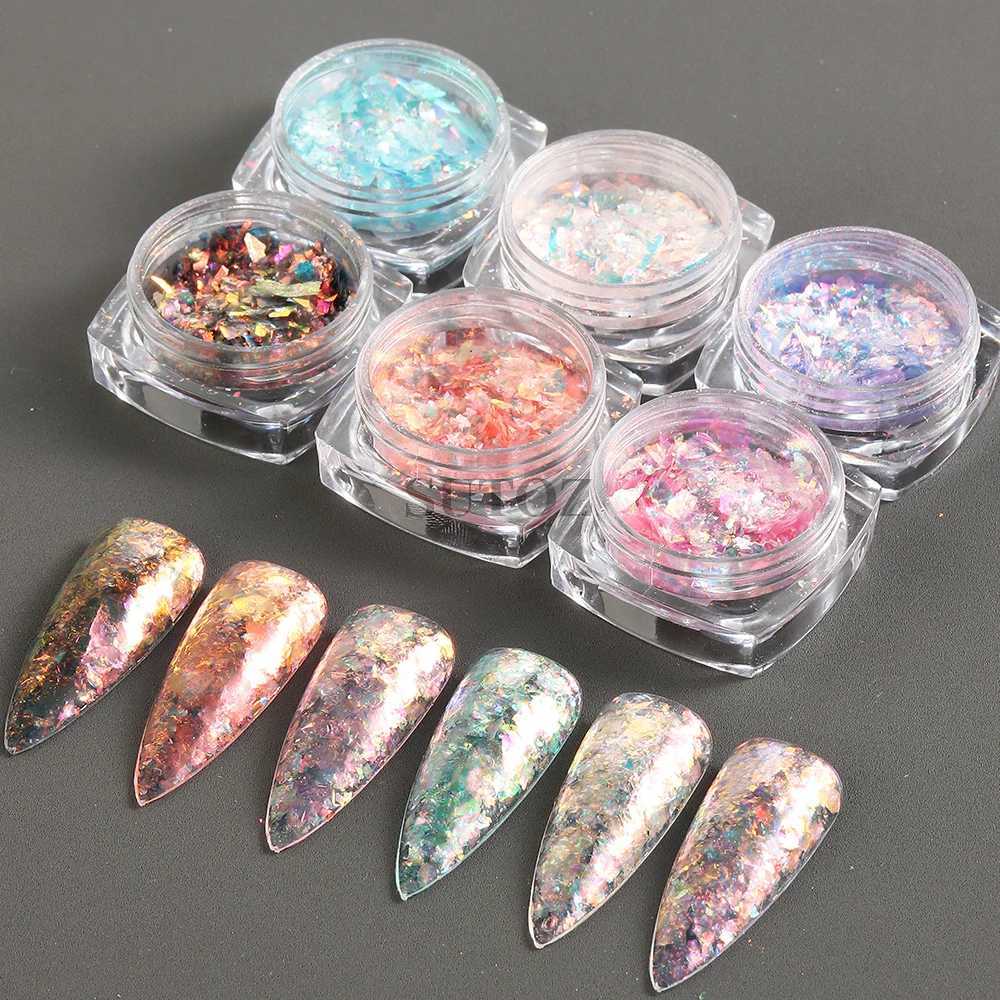 2 Boxes Shiny Mermaid Opal Powder Chunky Nail Glitter Iridescent Pink Purple Chameleon Pigment Yuki Flakes Manicure PaillettesXJ240815