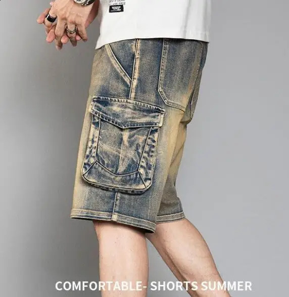 Mens Multi Pocket Summer Loose Distressed Wide Leg Knee Length Shorts Washed Fashion Denim 240819