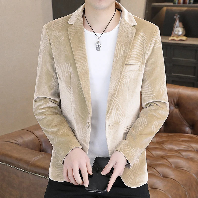 Fashionable mens y gold velvet suit jacket bluekhakipurple trend wedding dance party slim fit dress 240819