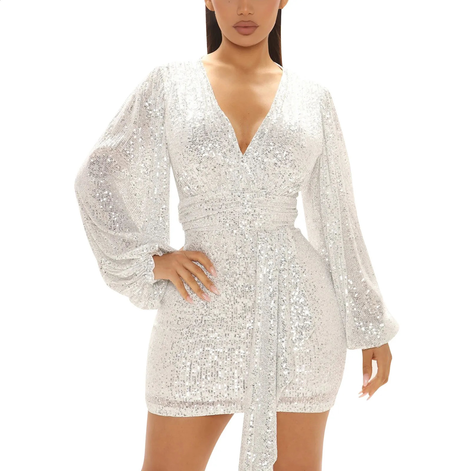 Sequins V Neck Prom Dress Solid Long Sleeve Sexy Slim Belted Nightclub Party Dressbanquet Dresses For Women Plus Size Vestidos 240819