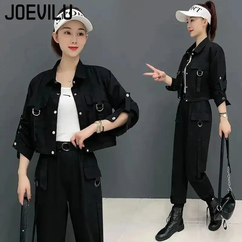JOEVILU 2PCS Streetwear Tracksuit Cargo Coat Casual Pants 2 Piece Sets Womens Outfits Spring and Autumn Korean Fashion Y2k Suit 240820