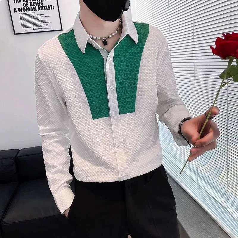 Spring Autumn Fashion Square Collar Long Sleeve Shirts Mens Clothing Button Color Blocking Cardigan Korean Loose Trend Blouse 240820