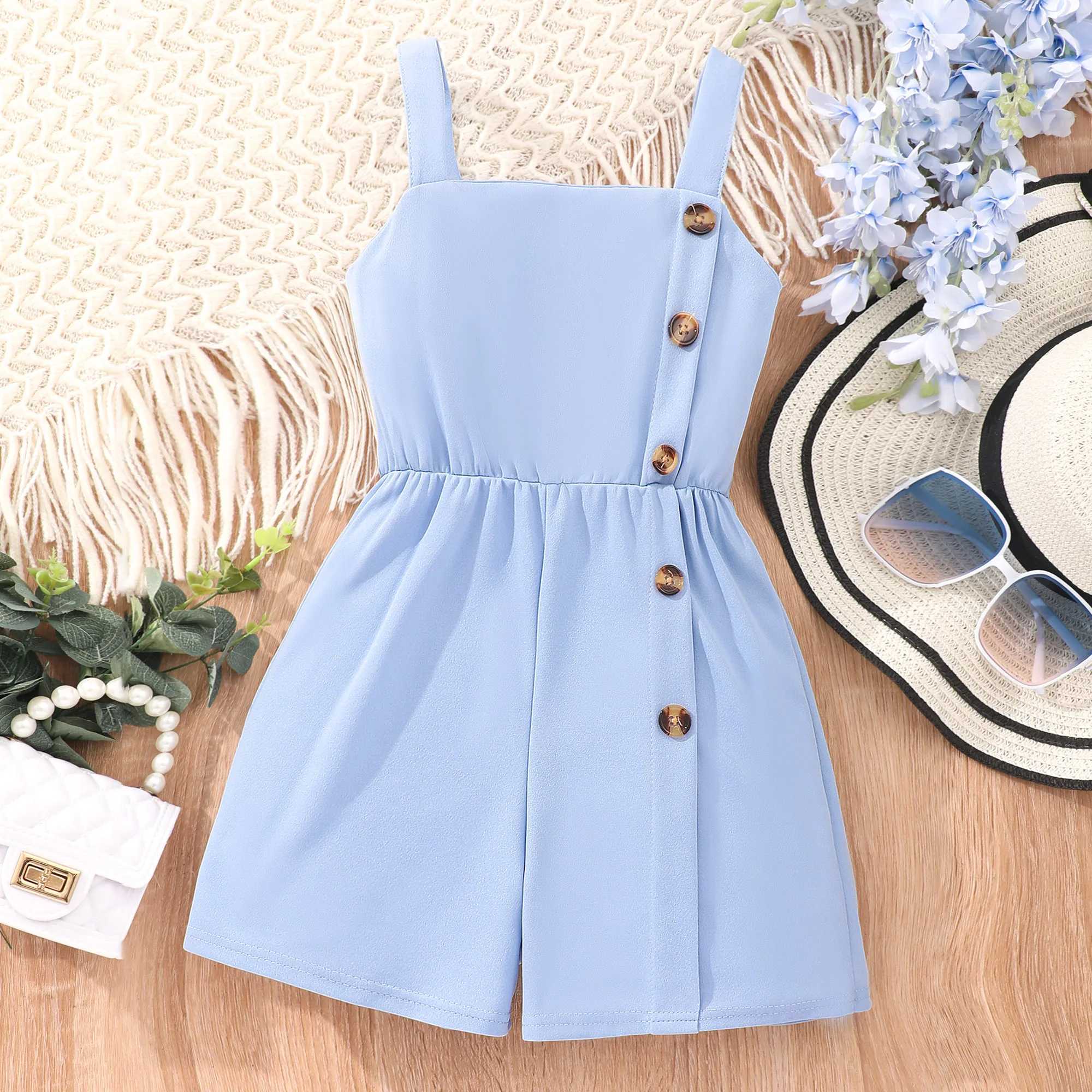 Girls casual solid button decoration sleeveless jumpsuit summer gift W240806