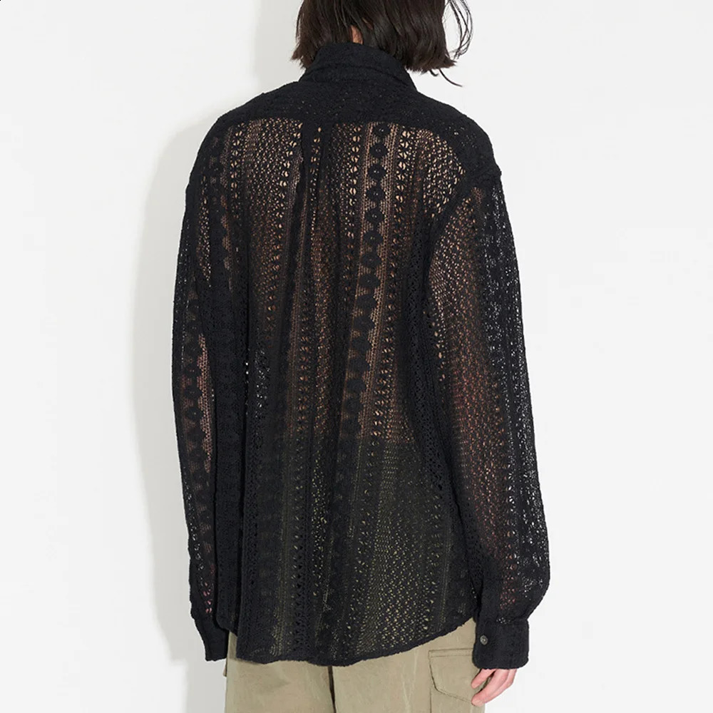 Mens shirt casual hollow mesh see through top fashionable and personalized niche jacket breathable mens summer style 240820