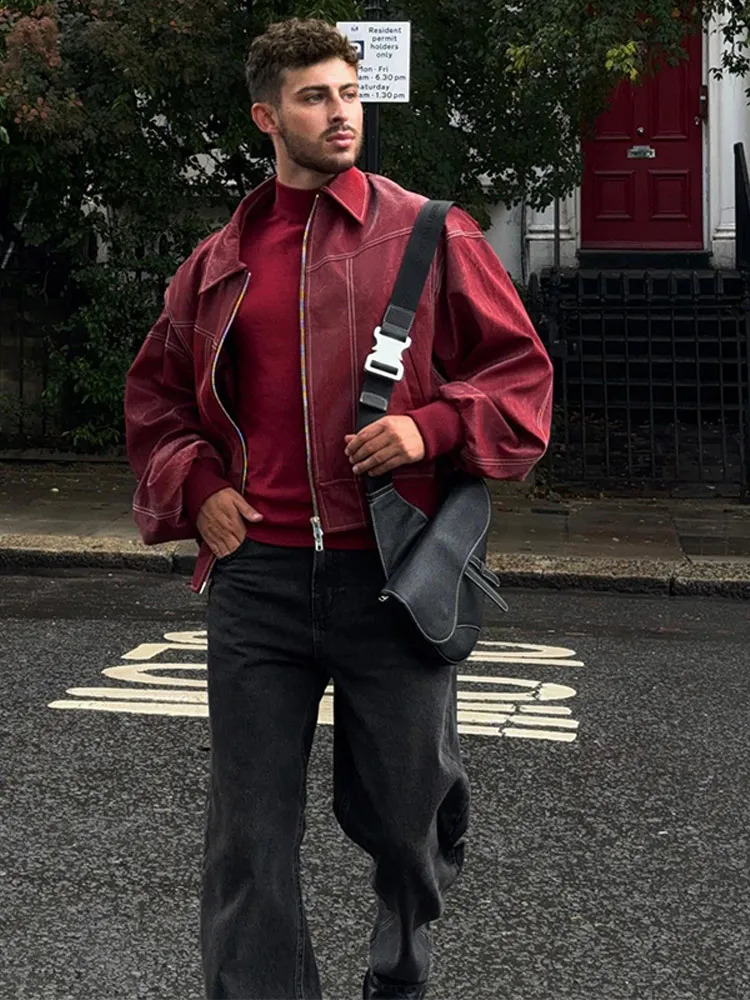 Mens retro patchwork lapel long sleeved jacket fashionable solid zipper oversized casual spring and autumn mens high street clothing 240827
