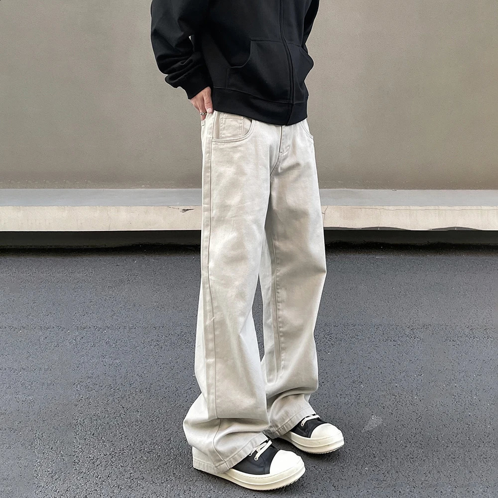 Bright White Casual Jeans Men Streetwear Y2k Straight-leg Vintage Simple Autumn Casual Fashion Winter Solid Street Denim Pants 240819
