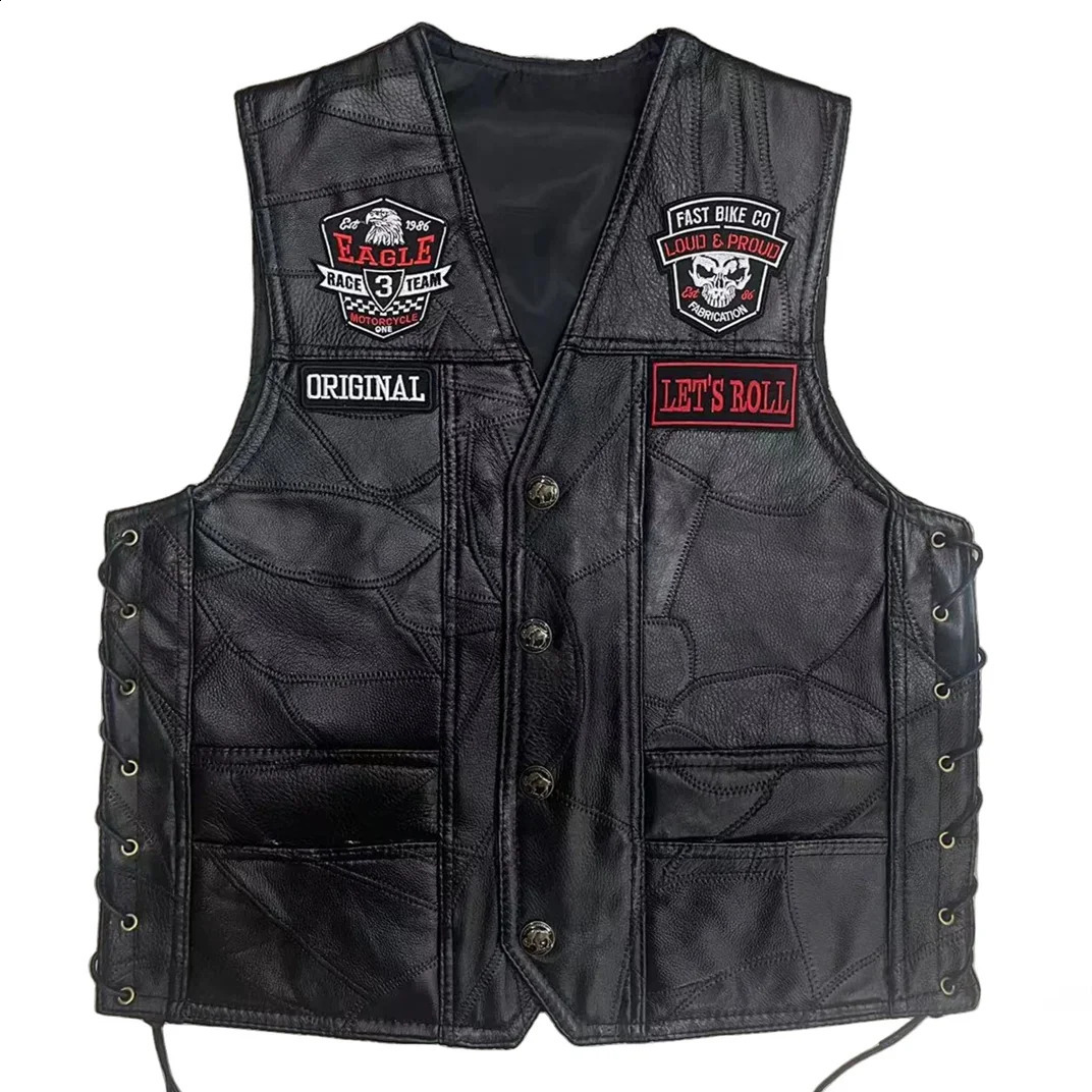 Motorcycle Riding Leather Vest Embroidery Moto Sleeveless Jacket Waistcoat Street Fashion Biker Vests Punk Veste for Man