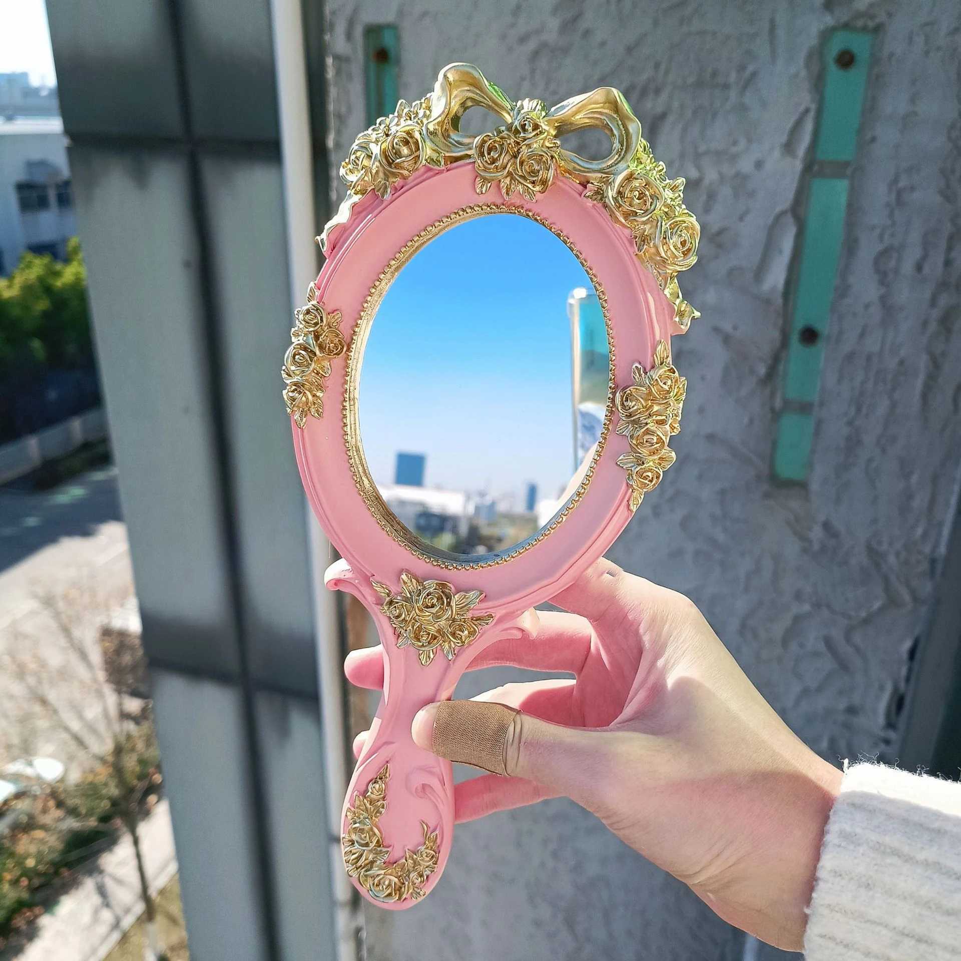 European Style Retro Handheld Mirror Rectangle Hand Hold Cosmetic Makeup Vanity Mirror Creative Vintage Hand Mirror Makeup Tools Y240819