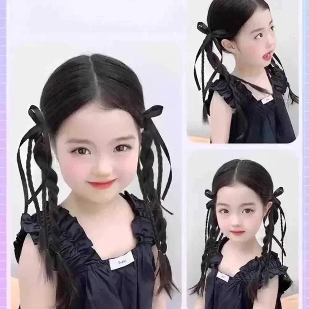 Female synthetic wig 50cm double ponytail ribbon bow wig 2PC ball head wig extended childrens girl gentle casual hairstyle W240817