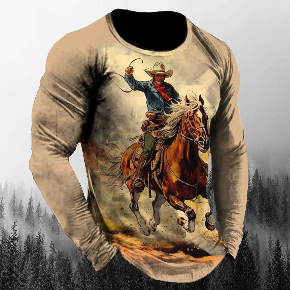 Western Cowboy Retro Tough Guy Style 3d Printing Spring And Autumn Mens Long Sleeved T-Shirt Relaxed And Fashionable Top 6xlXJ240819