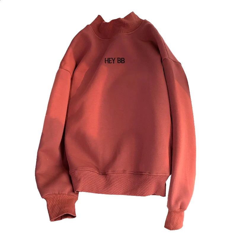Womens Fleece Half High Collar Pullovers Letter Embroidery Simple Loose Sweatshirts Fall Winter Korean Style Chic T-Shirt 240819