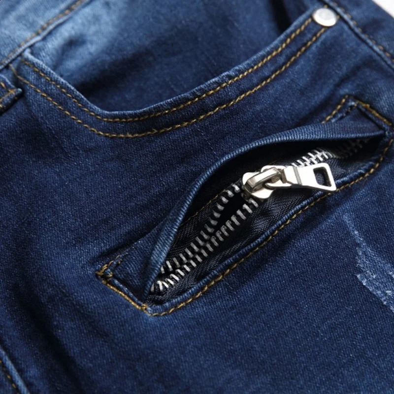 Multi pocket zipper retro mens jeans summer denim shorts stretch straight casual gray blue 240819