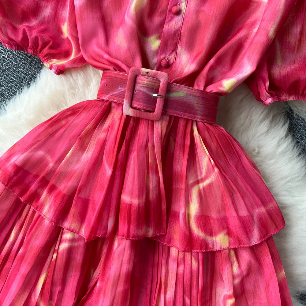 Vintage Pleated High Waist Dress Fairy A-line Puff Sleeve Dress Chic Summer Beach Vestidos Women Vacation Sundress