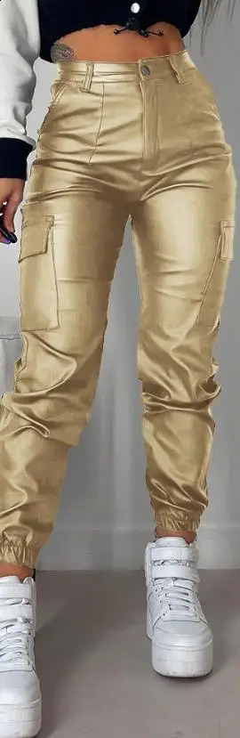 Womens pants summer fashion pocket n Pu leather casual high waist daily long sleeved Y2K streetwear 240819