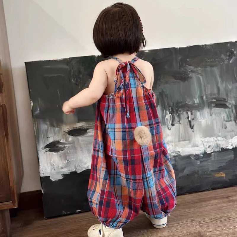 Cherry Girls Red and Blue Plaid jumpsuit summer cute bunny tail girl bib pants baby coat girl jumpsuit W240806