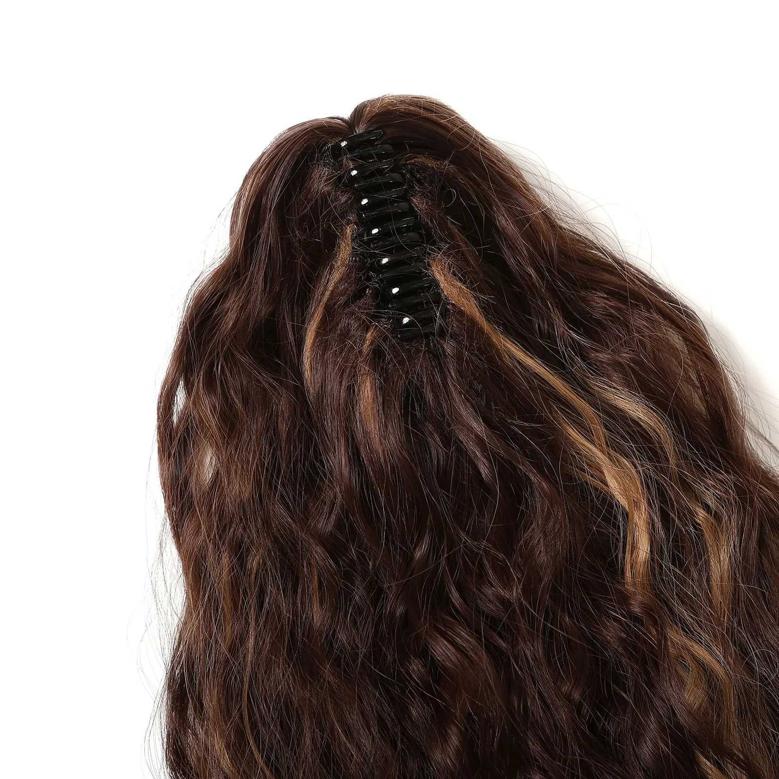 Long curly synthetic ponytail clip dark brown high gloss blonde hair extension 24 inch ponytail wig for womens daily use W240817