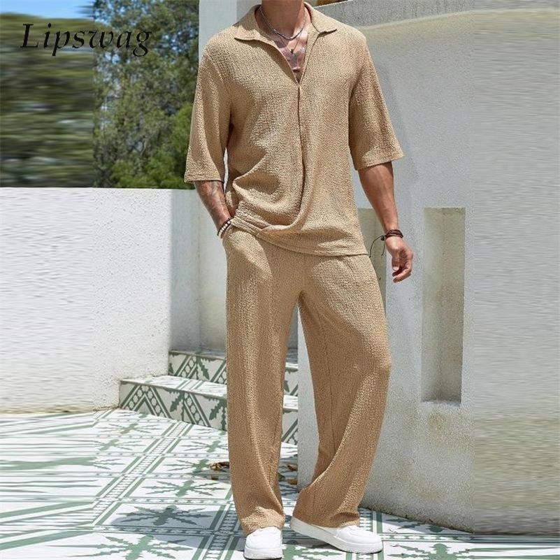 2024 Spring Summer Casual Cotton Shirts And Pants Suits Men Vintage Half Sleeve Irregular Cardigan Two Piece Sets Mens Outfits 240819