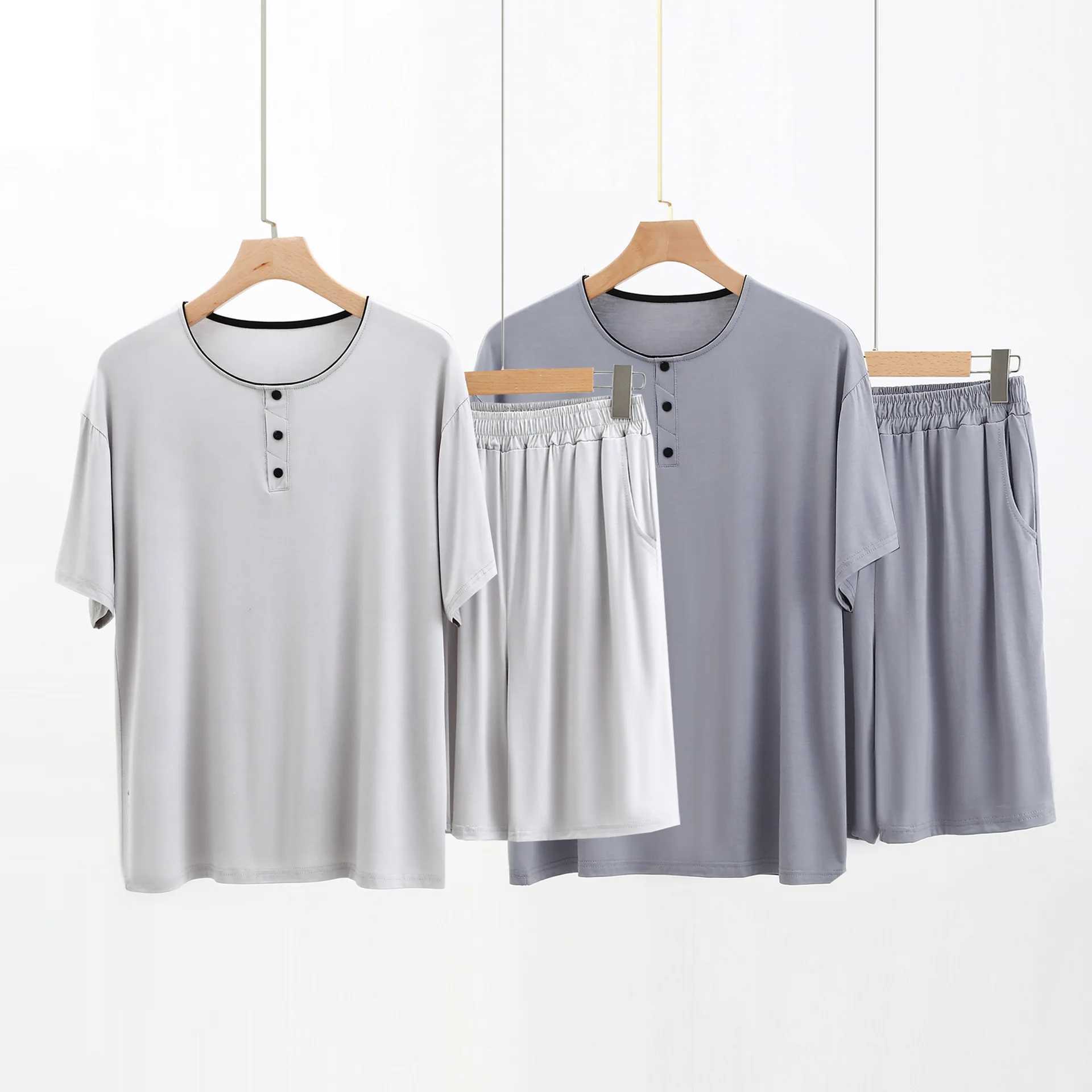 Short sleeved button solid color round neck modular sleep top with short sleeved 2-piece mens sleepwear setW240719