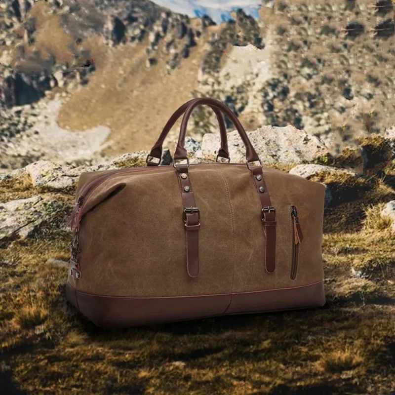 Canvas Travel Bag Men Simulation Leather PU Outdoor Luggage Travel Fitness Bag Large Capacity Tote Handbag Hiking Luggage Bag 240819