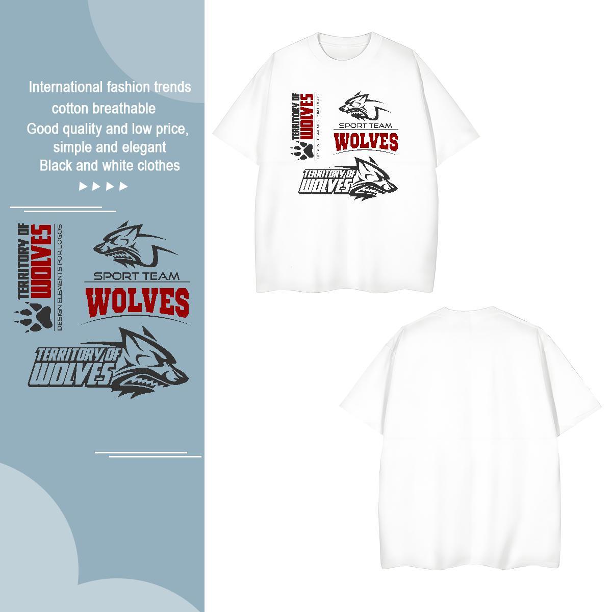 Loose T Shirts Men wolf Short Sleeve O-Neck Street Plus Size Cartoon 230g Pure Cotton Men Tops Tees Customized Tshirts