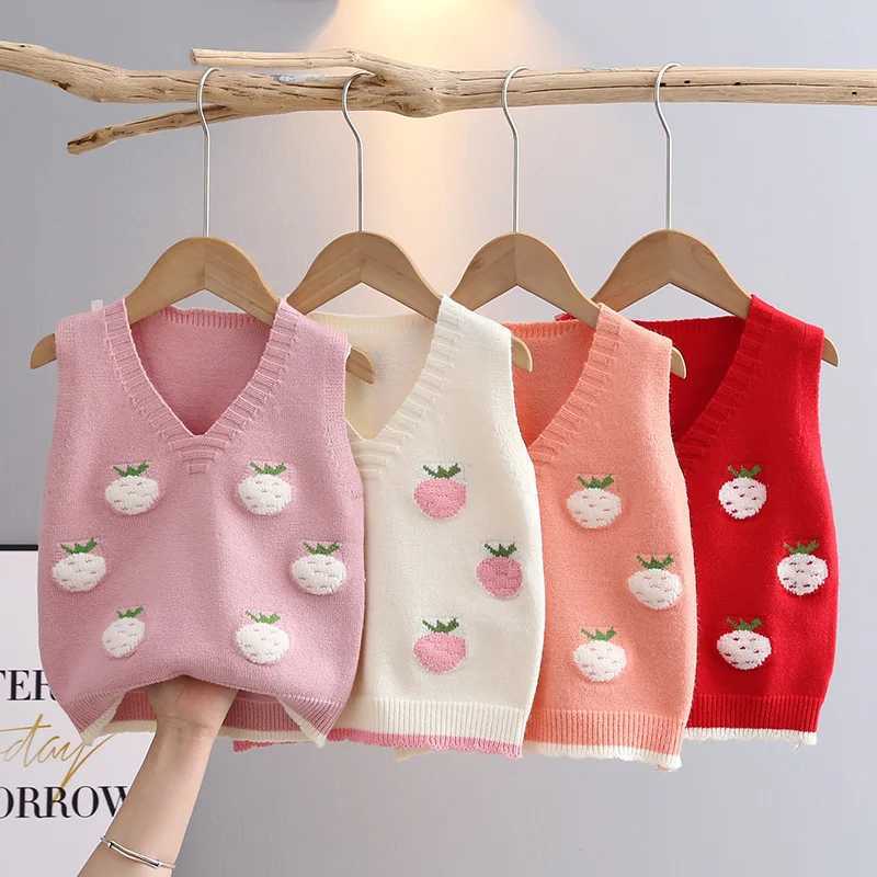 Sleeveless Sweater for Girls Spring Fall V-neck Children Knitwear Baby Girl Knit Vest Cartoon Strawberry Kids Waistcoats GY03083XJ240819