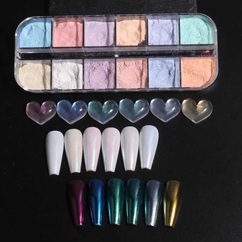 12 Colors Aurora Powder Nail Glitter Pigment Mirror White Iridescent Fairy Fine Chrome Reflective Rubbing On Dust Manicure DecorXJ240815