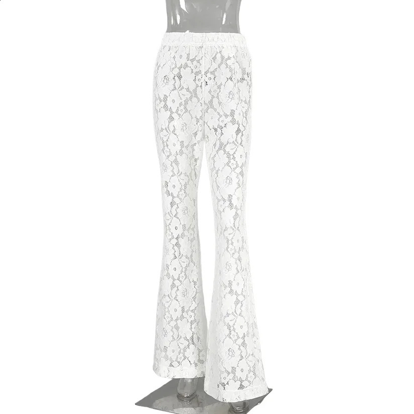 Women Sheer Lace Wide Leg Pants Y2k Floral Party Club High Waist Long Trousers Female Flare Pants Street Wear White Yuqung 240819
