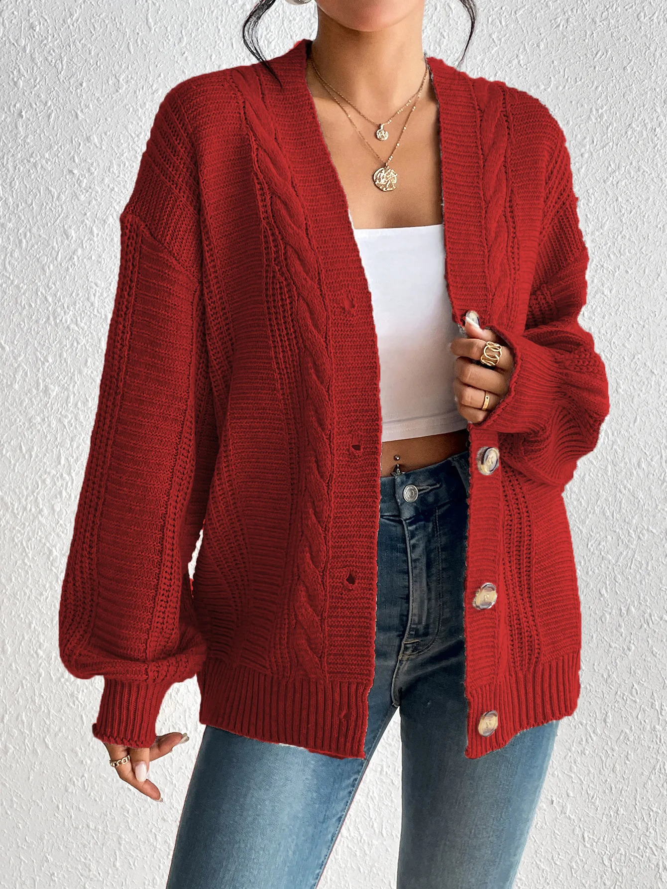 Vneck knitted cardigan womens autumn and winter thick American loose casual long sleeved solid color sweater jacket in 6 colors 240819