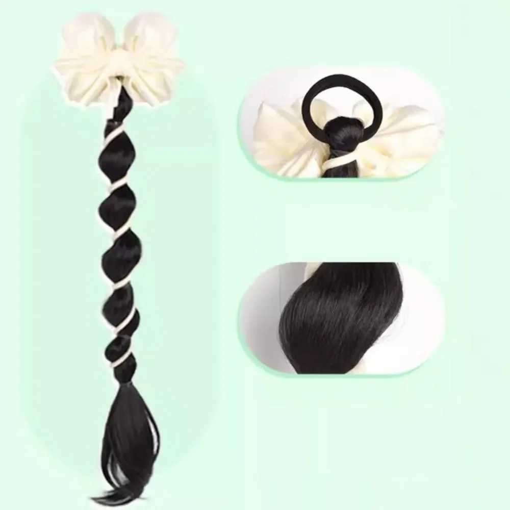 Womens synthetic wig clip fashionable bow tie phone line fake ponytail wig womens twisted braided bubble tied hair extension W240817