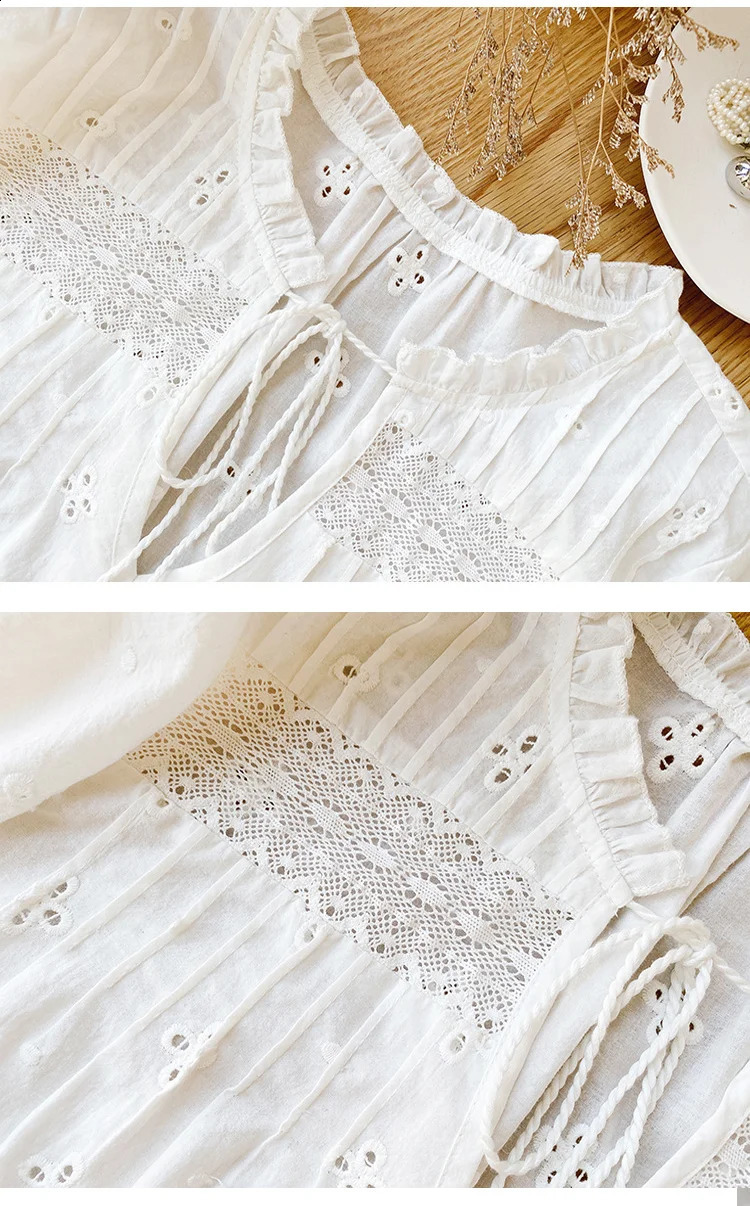TEELYNN 100% Cotton Flower Embroidered White Lace Shirt Womens Retro Vneck Long Sleeve Autumn Blue Bohemian Top 240819