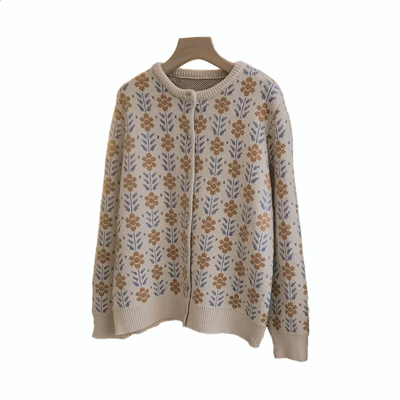 Bomon Jacquard vintage sweater cardigan wool spring and autumn womens loose jacket mild short sleeved knitted creeneck casual top 240819