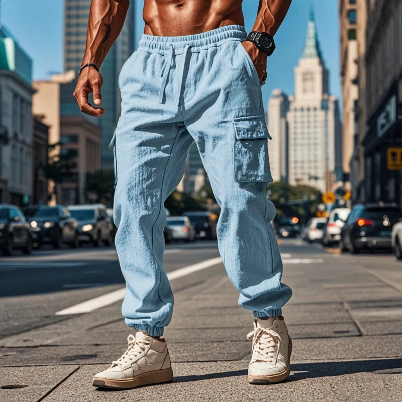 Autumn Daily Casual Breathable Cotton Pants For Men Streetwear Fashion Multi Pockets Cargo Pants Vintage Mens Solid Color Pants 240819