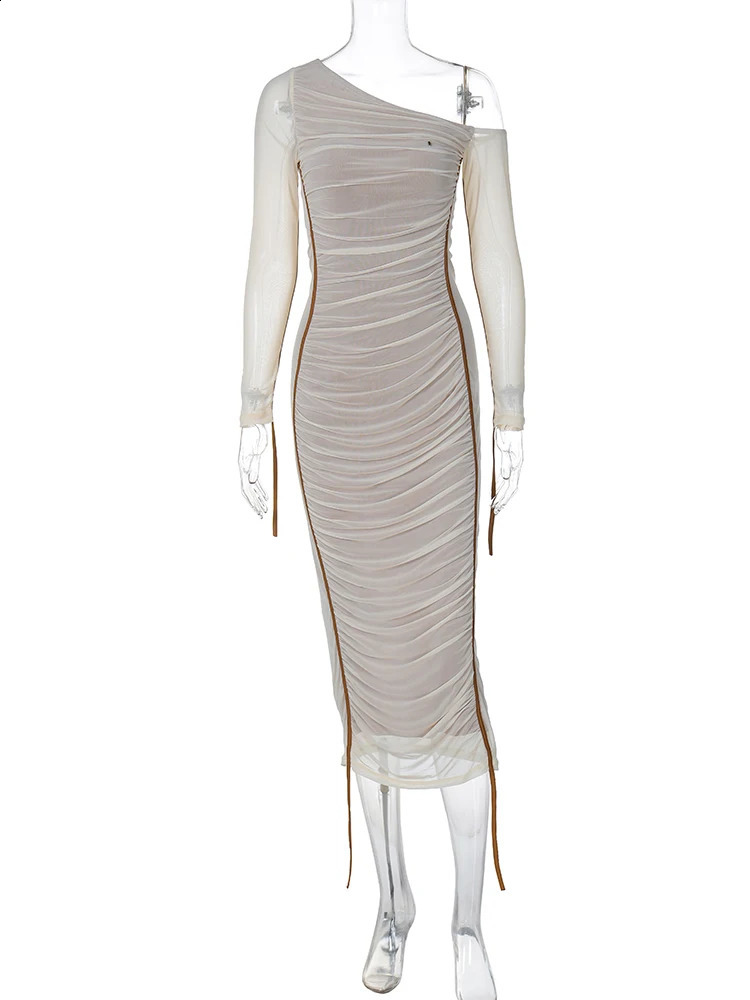 Hugcitar Mesh Solid Diagonal Collar Long Sleeve Draped Sexy See Through Bodycon Maxi Dress Summer Fashion Clothes Festival Club 240819