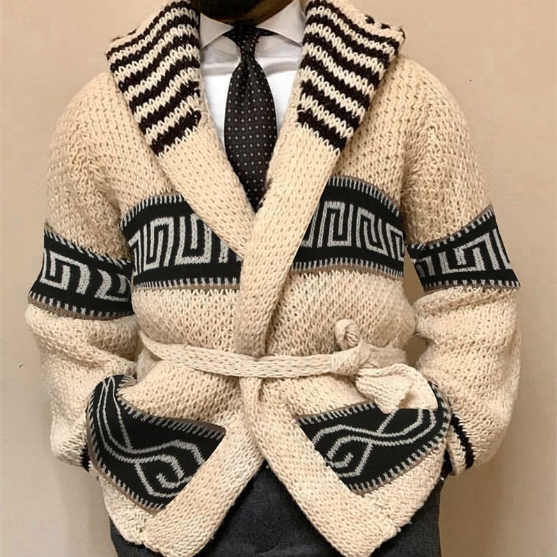 Fashion Mens Warm Sweater Cardigan Autumn Winter Retro Jacquard Knitted Sweater Male Thick Lace-Up Waist Cardigan Sweater Coats 240819