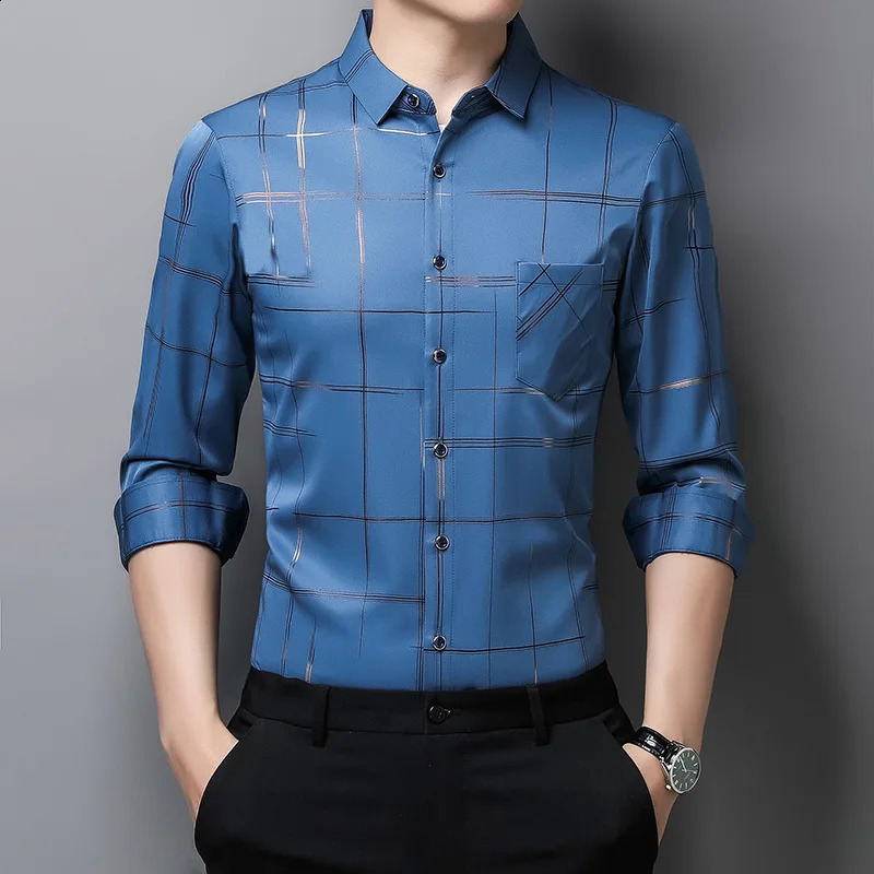 Argyle Mens Dress Shirts MaleHigh Quality Long Sleeve Slim BusinessCasual Shirt Turn Down Collar Stripes Single-preasted 240820