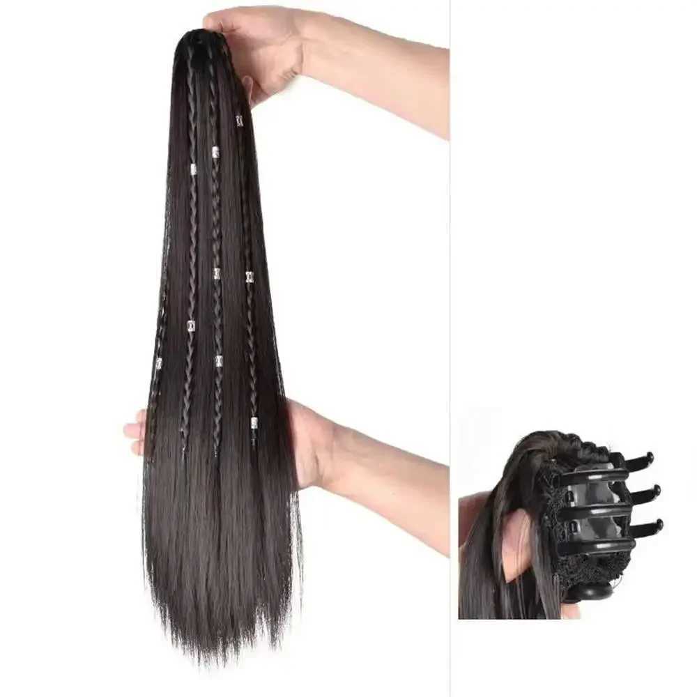 Female synthetic wig fake ponytail extended ethnic style straight twisted braid clip on wig hip-hop girl gentle version W240817